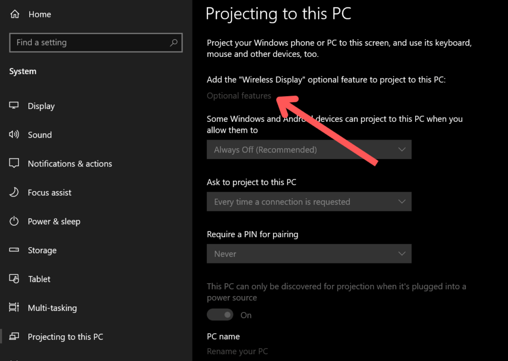 projecting to this PC option in windows